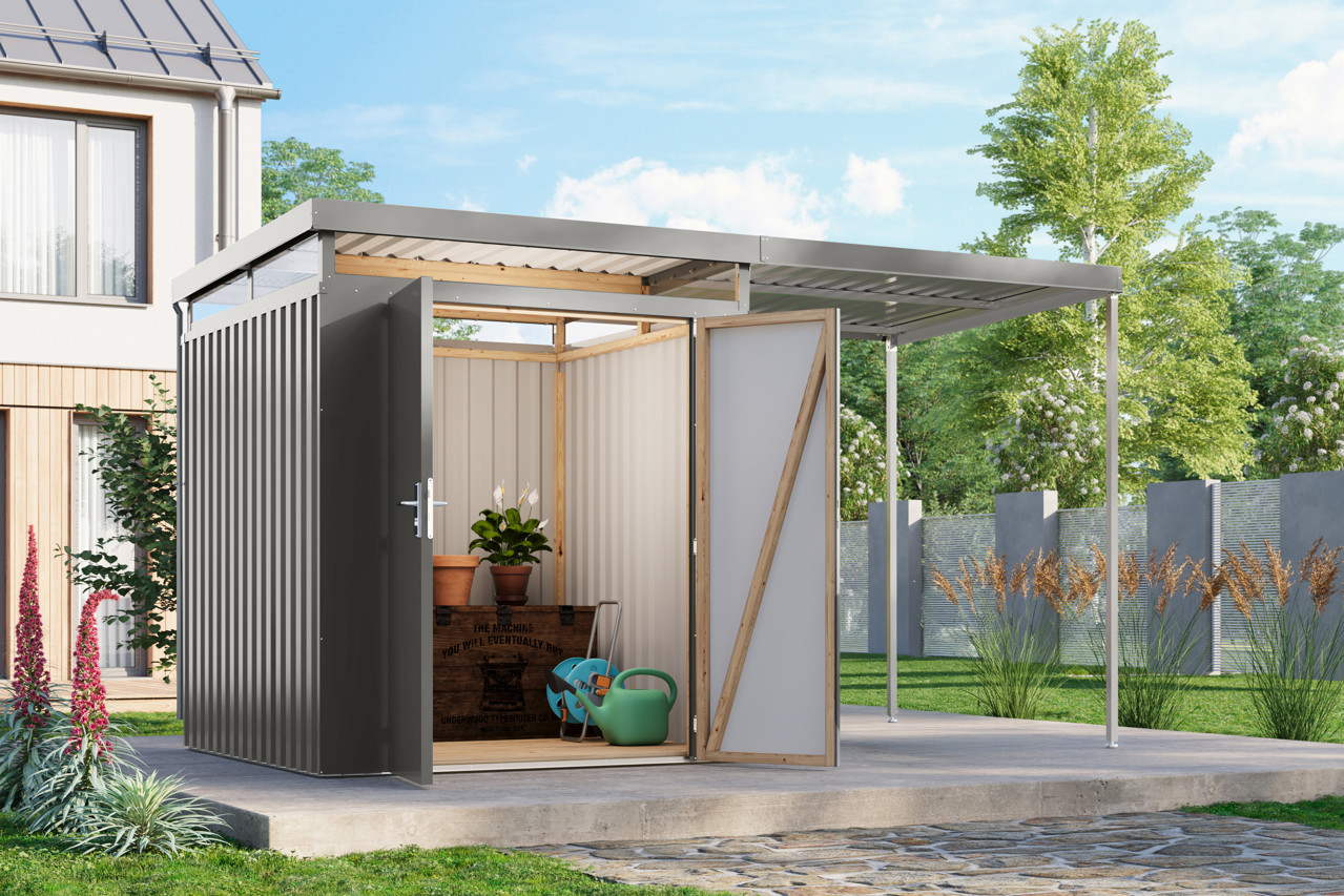 Karibu Metall Gerätehaus Aurum 2 graualuminium mit Anbaudach