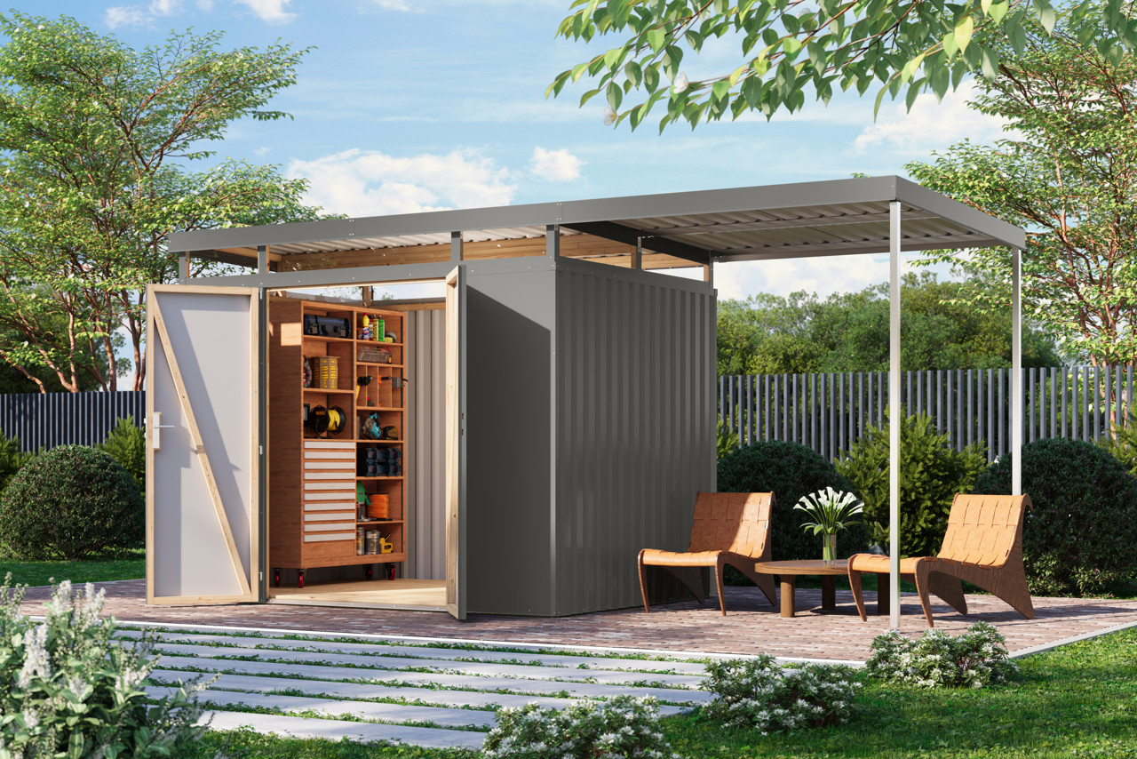 Karibu Metall Gerätehaus Aurum 3 graualuminium mit Anbaudach