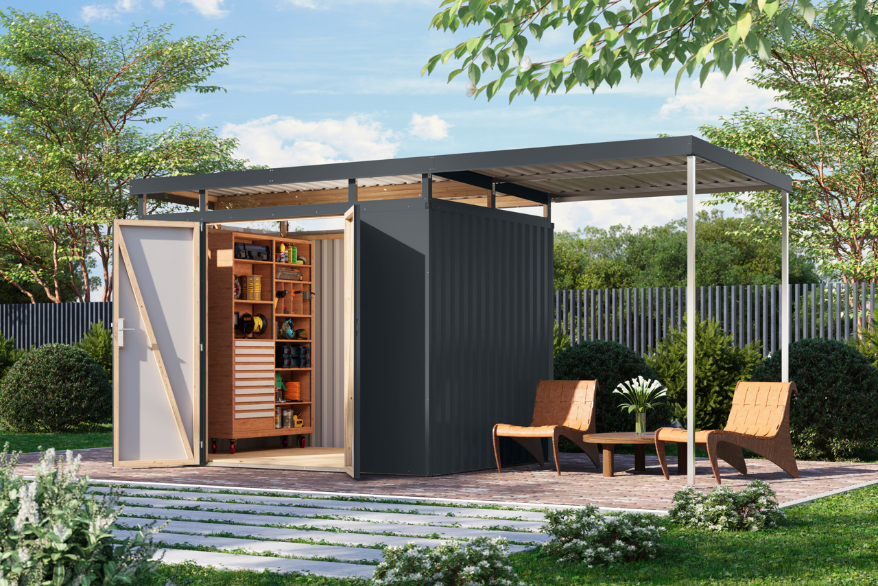 Karibu Metall Gerätehaus Aurum 3 anthrazit mit Anbaudach