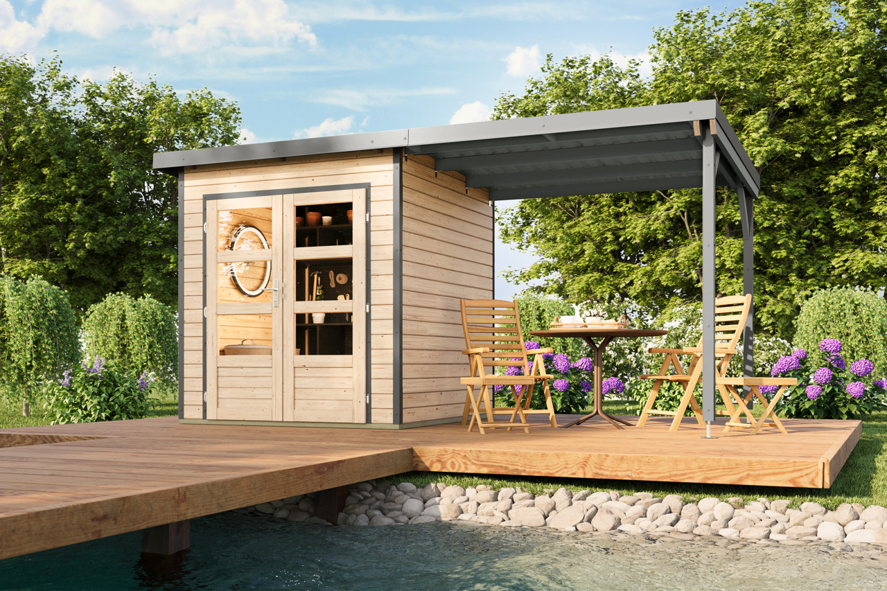 Karibu 28 mm Hybrid Gartenhaus Pluto 1 mit Anbaudach
