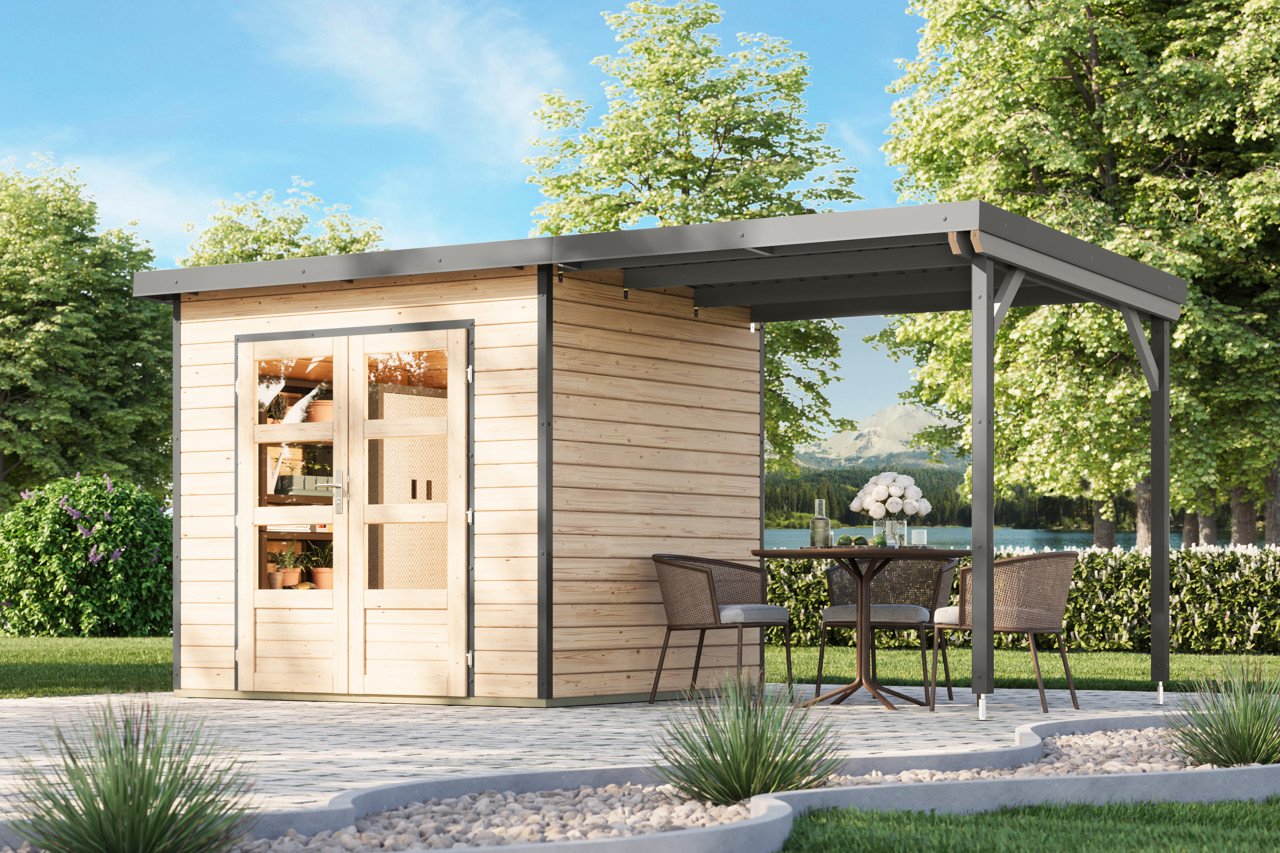 Karibu 28 mm Hybrid Gartenhaus Pluto 2 mit Anbaudach